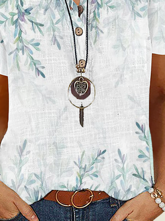 Plus size Summer Casual Leaves Printed Short Sleeve Tops