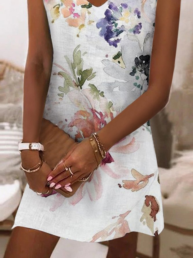 Casual Floral V neck Sleeveless Woven Dress