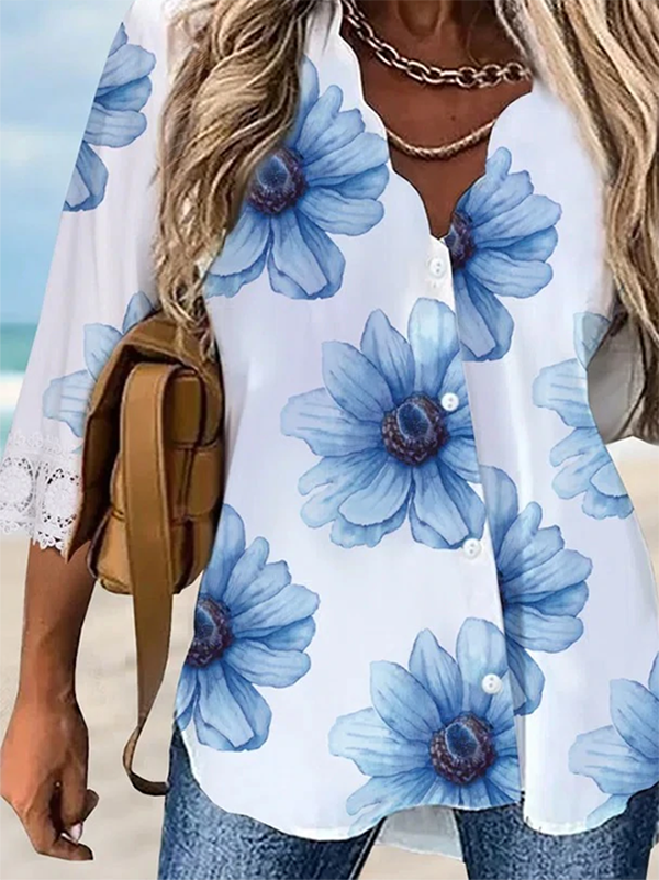 V Neck Casual Floral Mid Sleeve Blouse