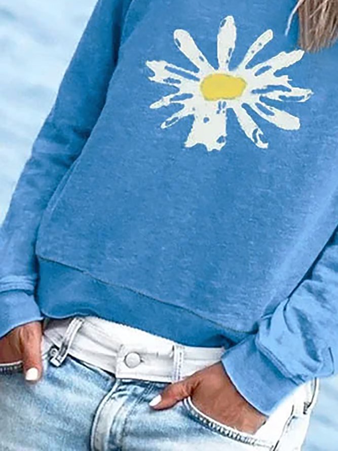 Blue Long Sleeve Cotton-Blend Casual Hoodies & Sweatshirts