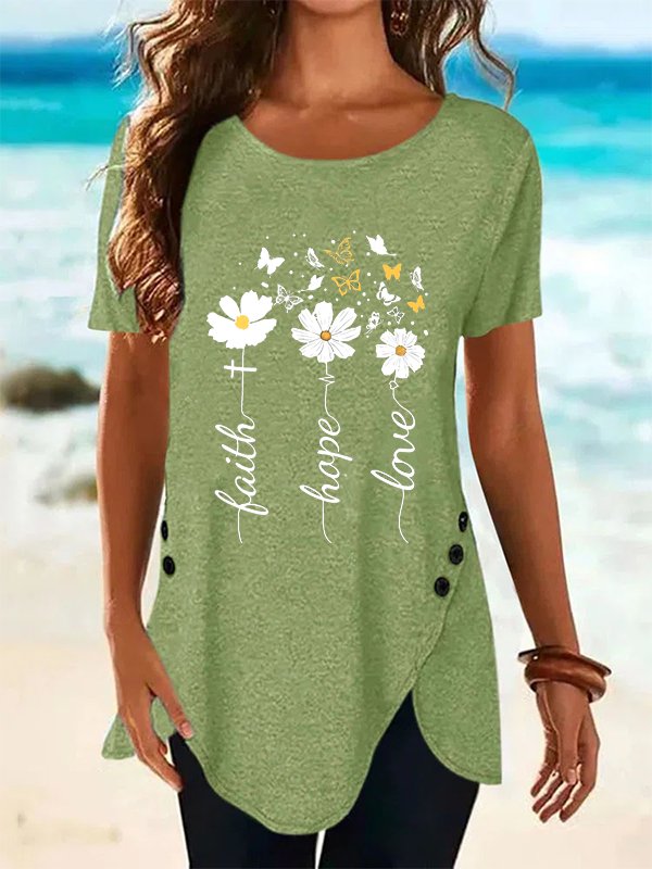 Crew Neck Casual Floral Short Sleeve T-Shirt