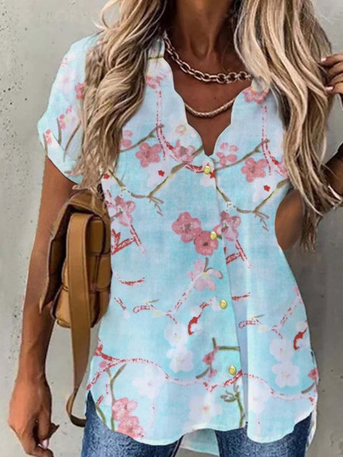 Floral Casual V Neck Short Sleeve Blouse