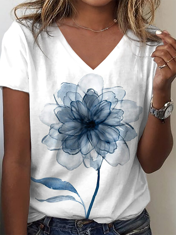 V neck Floral Casual Short Sleeve T-Shirt