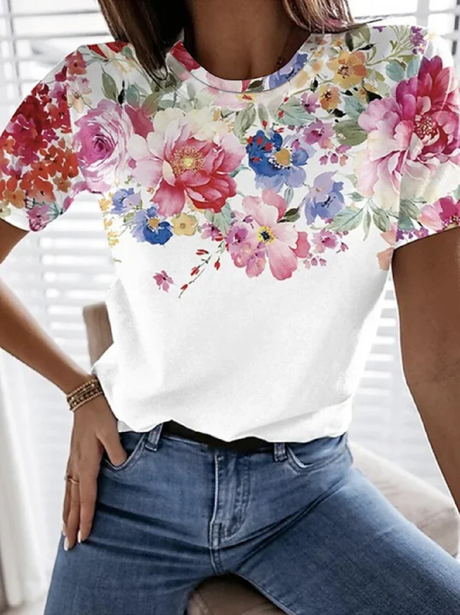 Casual Floral Crew Neck Short Sleeve T-Shirt