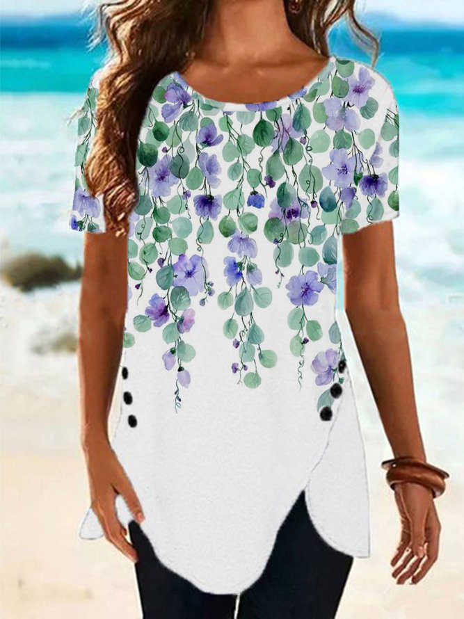 Casual Floral Buttoned Short Sleeve Loosen T-Shirt