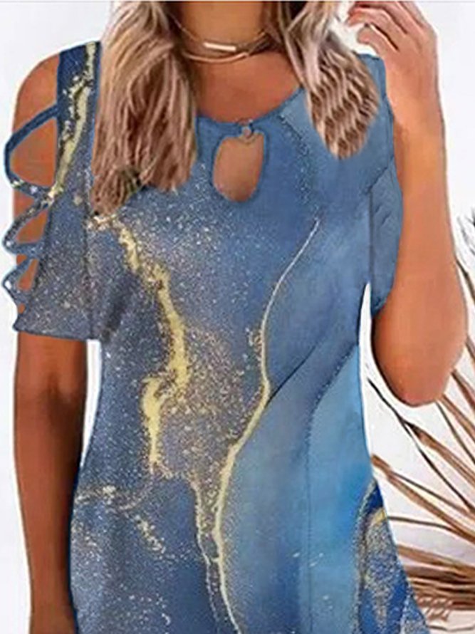 Abstract Notched Short Sleeve Plus Size Casual Dress