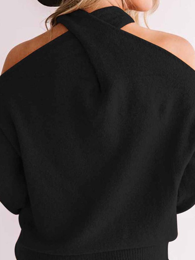 Casual Plain Autumn Polyester Halter Micro-Elasticity Daily Long sleeve Regular Sweater for Women