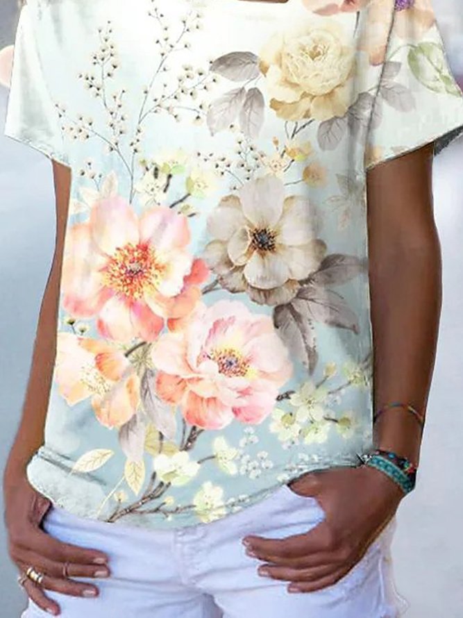 Floral Casual V Neck Short Sleeve Loosen T-Shirt