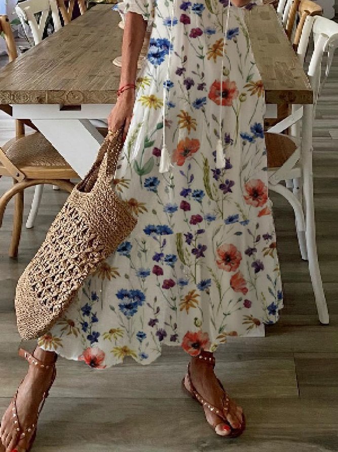 Casual Floral V Neck Short Sleeve Woven Dress