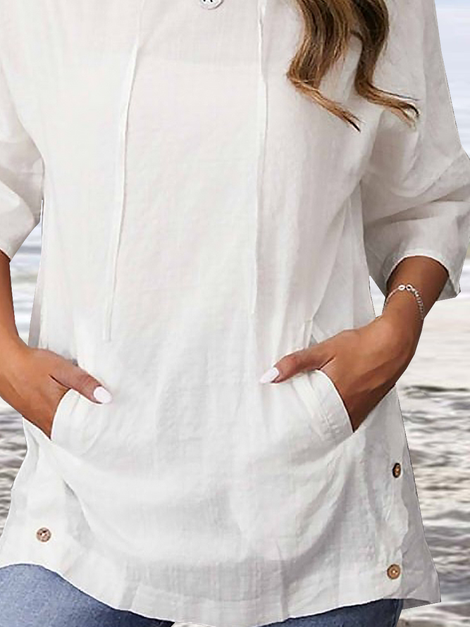 Linen Plain Cotton Casual Hooded Loosen Plus Size Tunic Short Sleeve Tops
