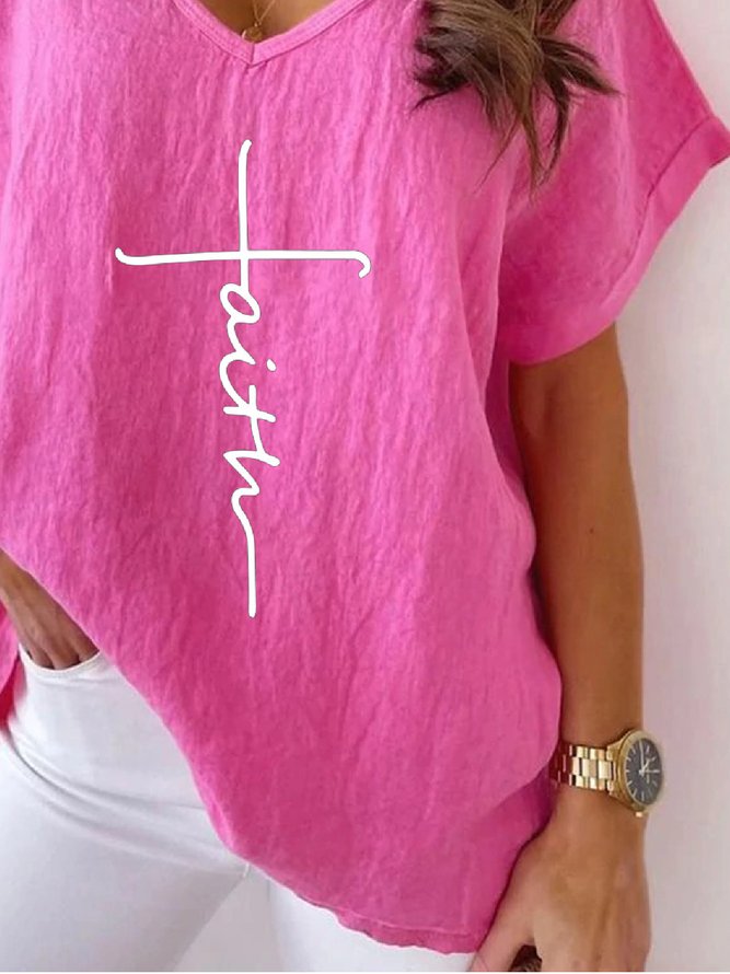 Casual V neck Printed Loosen Short Sleeve Top