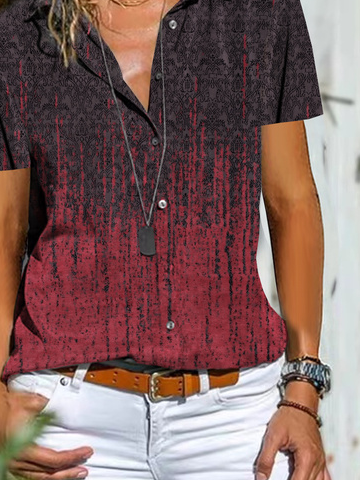 Ombre Tribal Printed Shirt Collar Casual Loosen Casual Short Sleeve Blouse