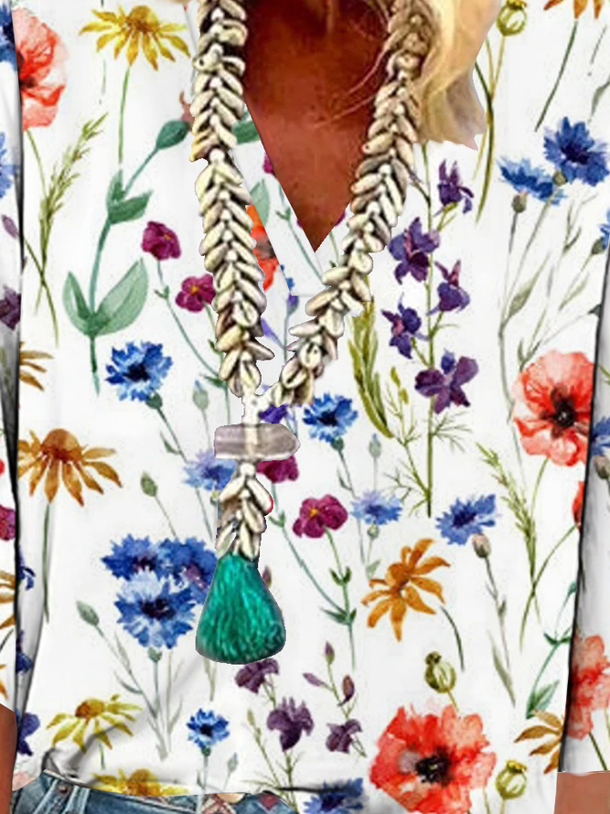 Floral V Neck Casual Short Sleeve Top