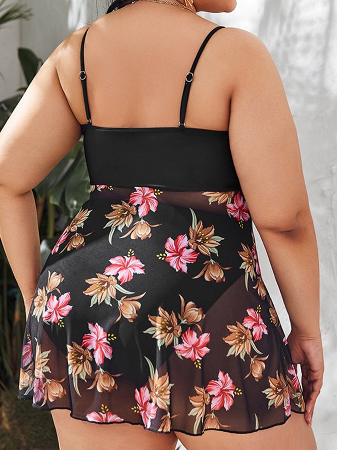 Sexy Mesh Floral Skirt Cover Belly Slim Split Tankini Plus Size