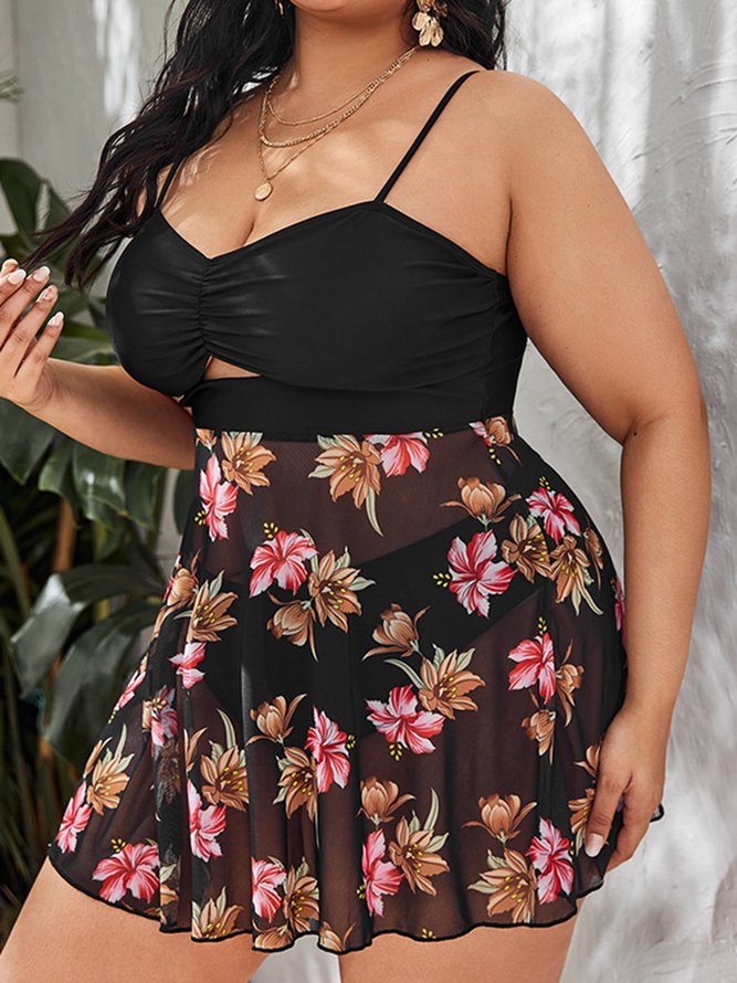 Sexy Mesh Floral Skirt Cover Belly Slim Split Tankini Plus Size