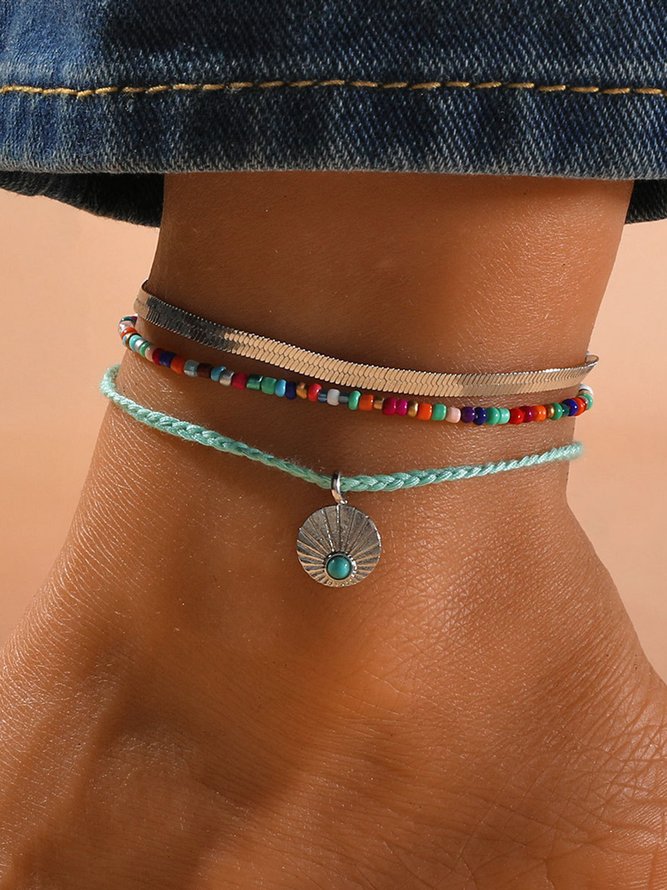 Bohemian Resort Style Beach Beaded Turquoise Layered Anklet Set