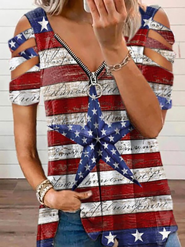 Flag Casual V neck Short Sleeve T-Shirt