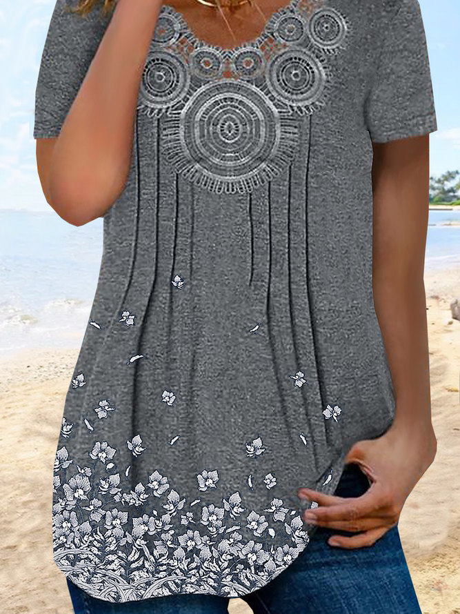 Vacation Floral Printed Casual Loosen Lace V Neck Short Sleeve T-Shirt