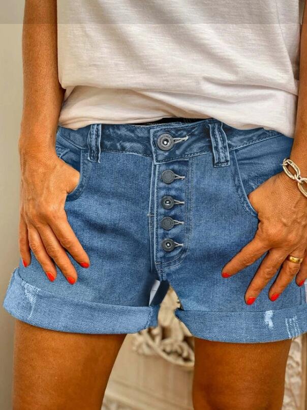 Blue Pockets Casual Cotton-Blend Denim shorts