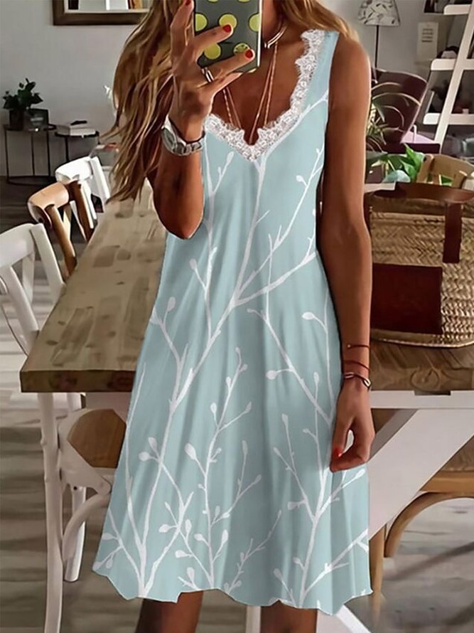 Casual Sleeveless V Neck Plus Size Printed Dress