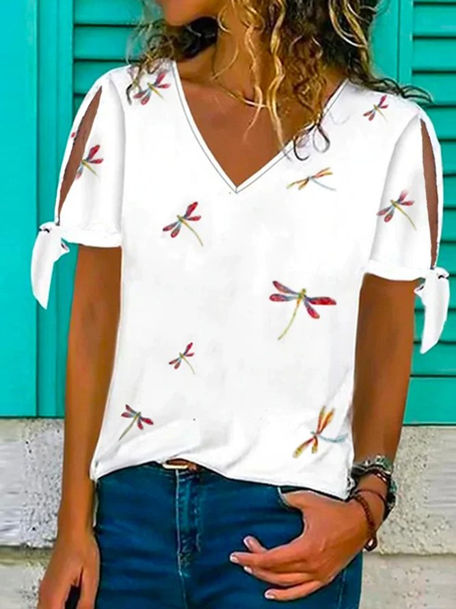 V Neck Dragonfly Loosen Short Sleeve T-Shirt