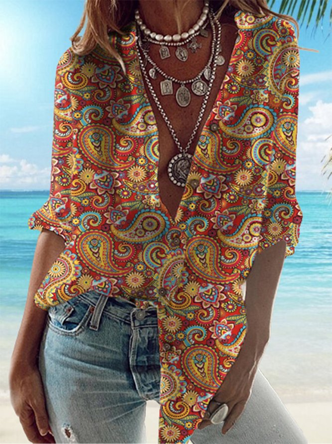 Paisley Buttoned Half Sleeve Plus Size Casual Shirt