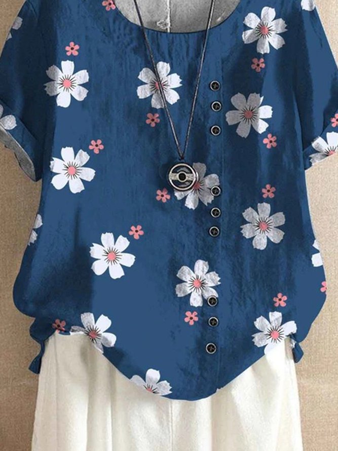 Floral Buttoned Casual Short Sleeve Loosen Tops