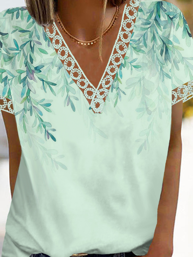 V Neck Floral Loosen T-Shirt