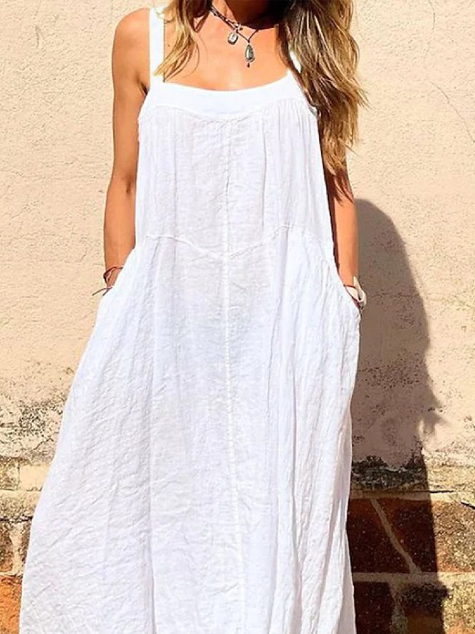 Casual Solid Square neck Sleeveless Cotton Loosen Dresses