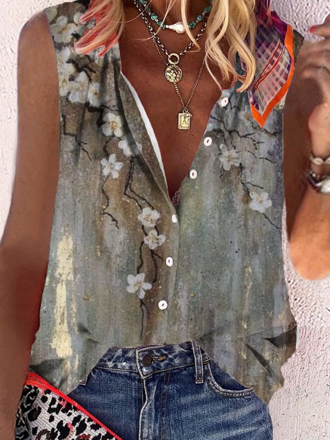 Casual Floral Sleeveless V Neck Plus Size Printed Blouses