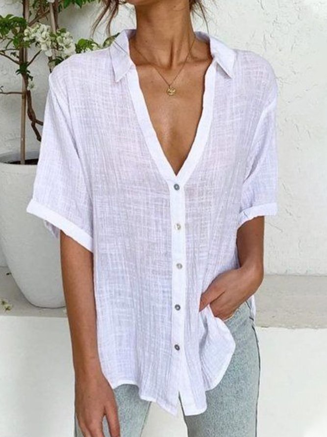 Casual Solid V neck Short Sleeve Loosen Blouse