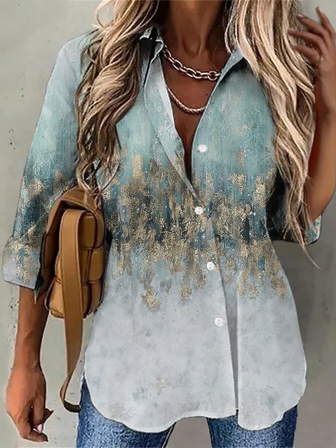 Casual Long sleeve Shirt Collar Plus Size Printed Blouses