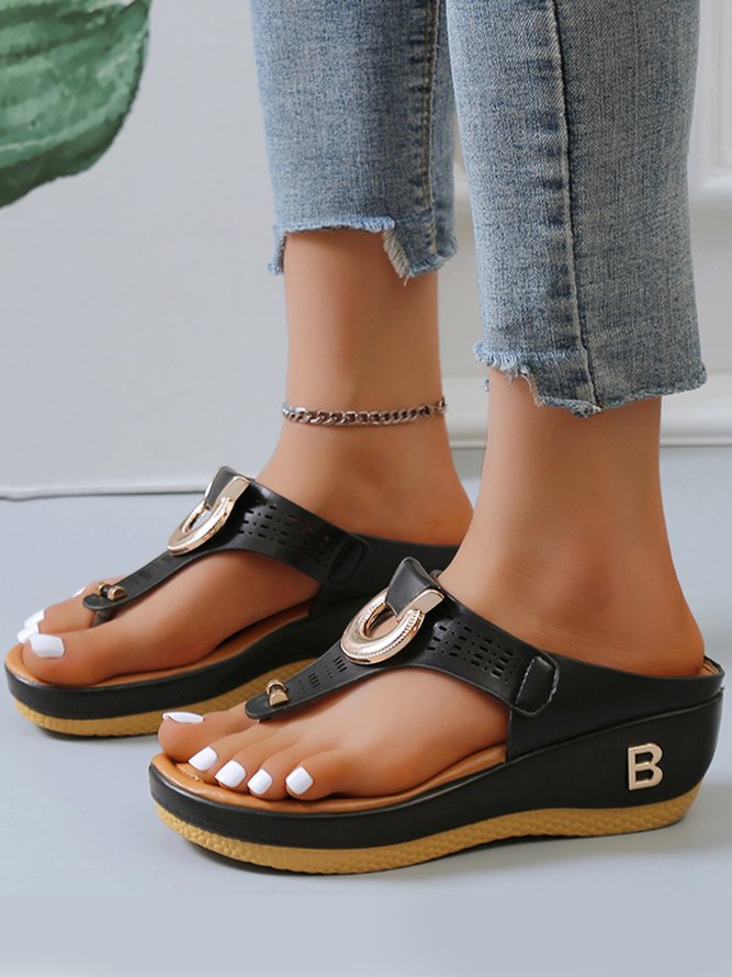 Metal Cutout Beach Comfort Thong Wedge Sandals