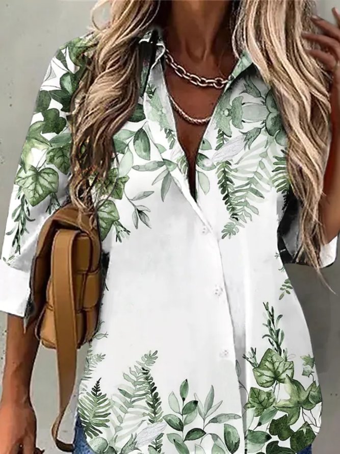 Casual Leaves Long sleeve Shirt Collar Plus Size Printed Blouses