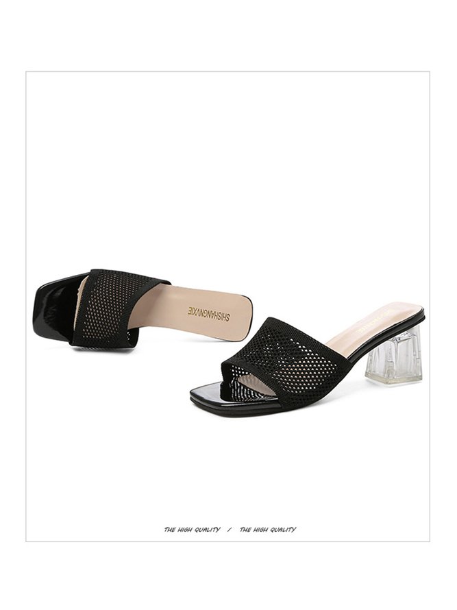 Elegant Clear Crystal Block Heel Flyknit Mesh Sandals