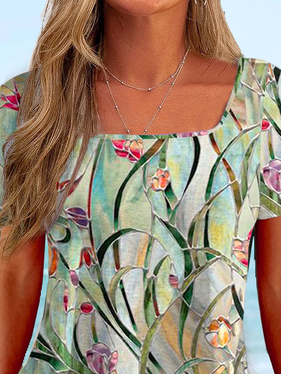 Casual Square Neck Floral T-Shirt