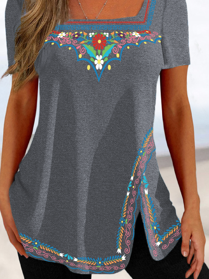 Tribal Printed Square Neck Loosen Casual Short Sleeve T-Shirt