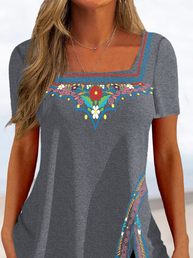 Tribal Printed Square Neck Loosen Casual Short Sleeve T-Shirt