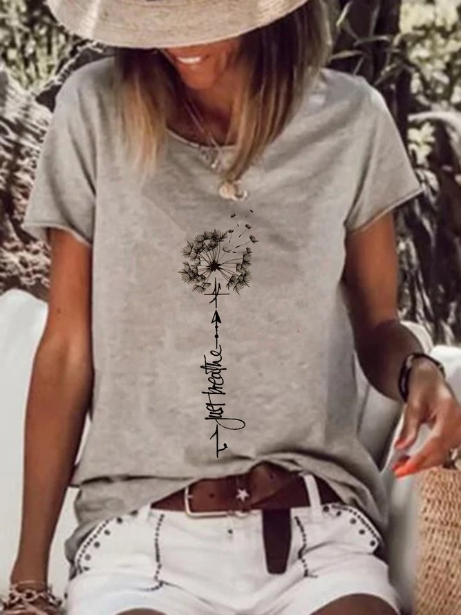 Casual Dandelion Short Sleeve Round Neck Plus Size Printed Tops T-shirts