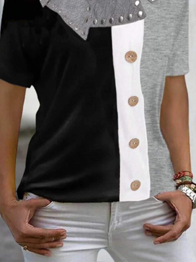 Plain Color-block Buttoned Short Sleeve Plus Size Casual T-Shirt
