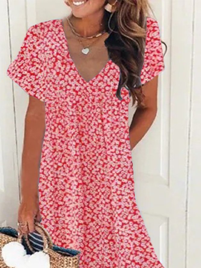Casual V Neck Loose Short Sleeve Floral Dress