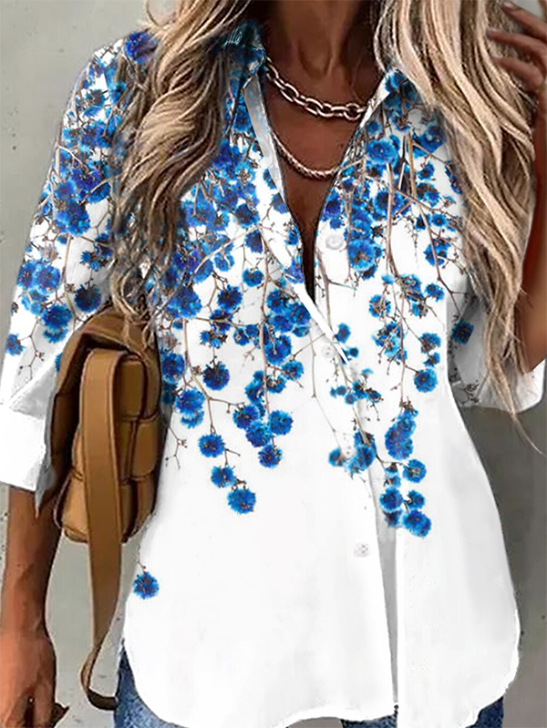 Floral Long sleeve Shirt Collar Casual Blouse