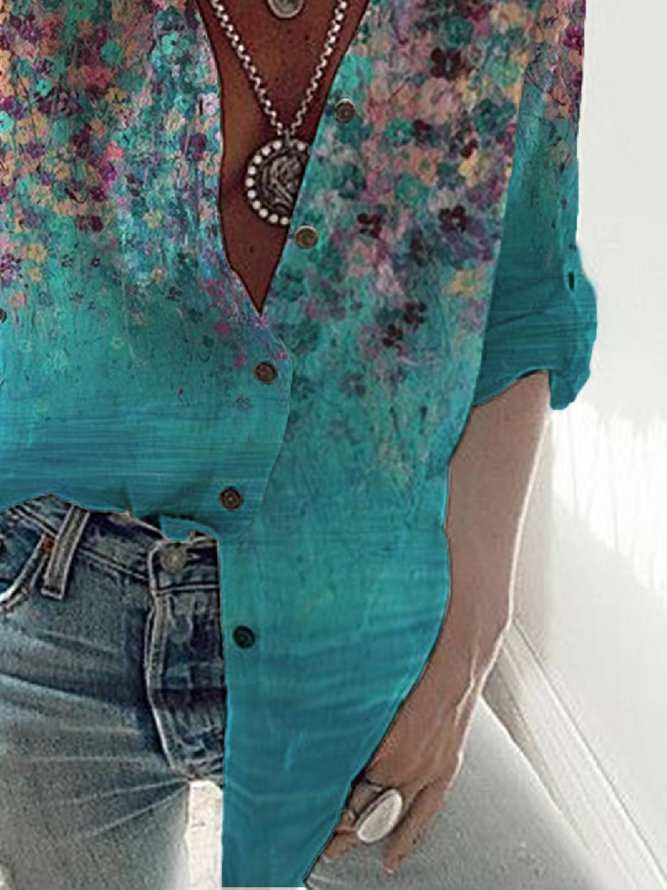 Casual Loose Floral Stand Collar Long Sleeve Blouse