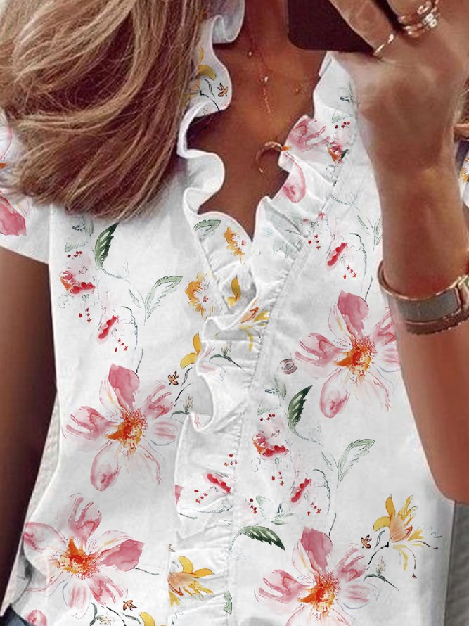 Casual V Neck Loose Short Sleeve Blouse