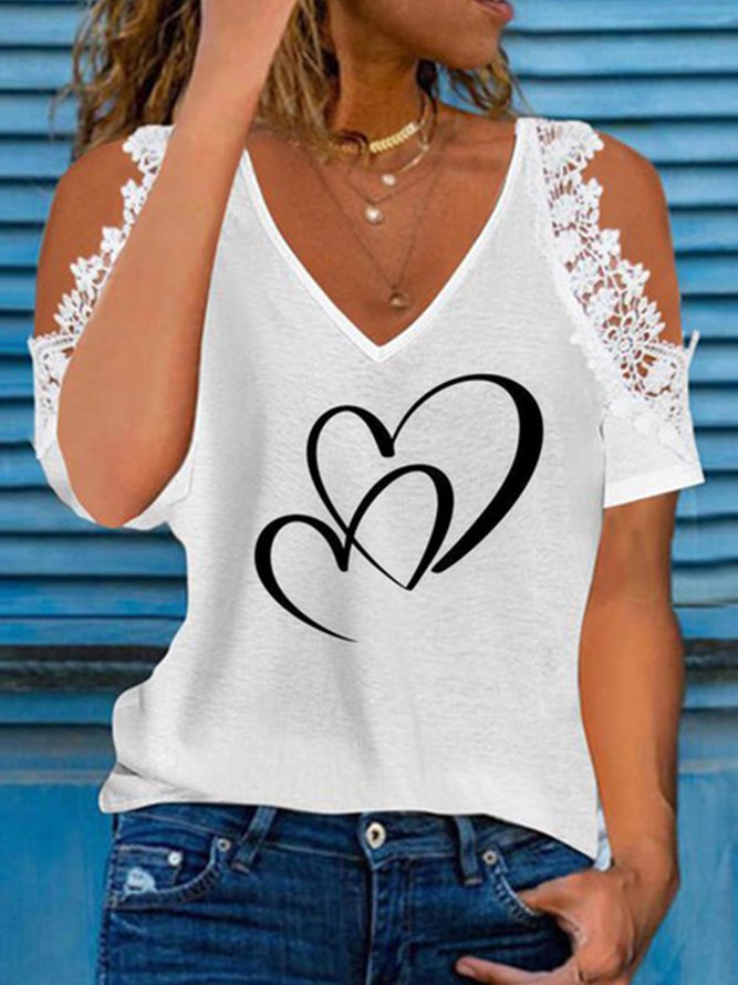 V Neck Heart/Cordate Casual T-Shirt