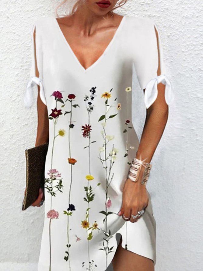 Floral Fit A-Line Loose Short Sleeve V Neck Midi Dress