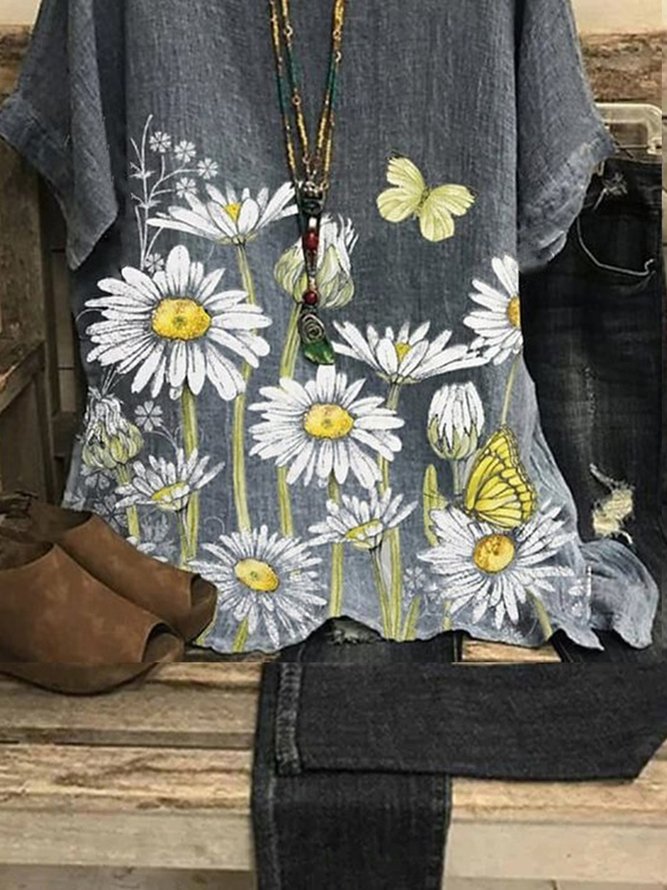 Floral Casual Short Sleeve Loose Tops