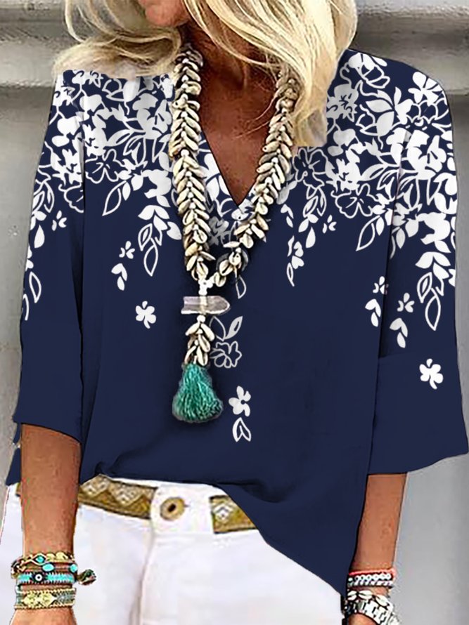 Casual Floral Three Quarter V Neck Printed Top