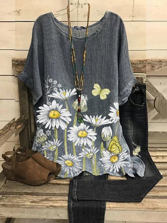Floral Casual Short Sleeve Loose Tops