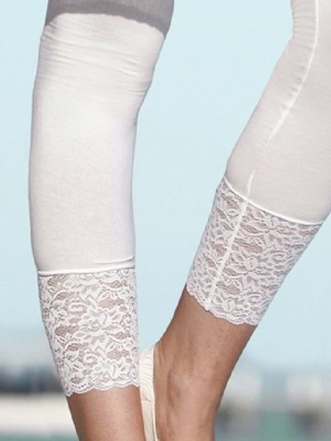 White Casual Plain Lace Leggings